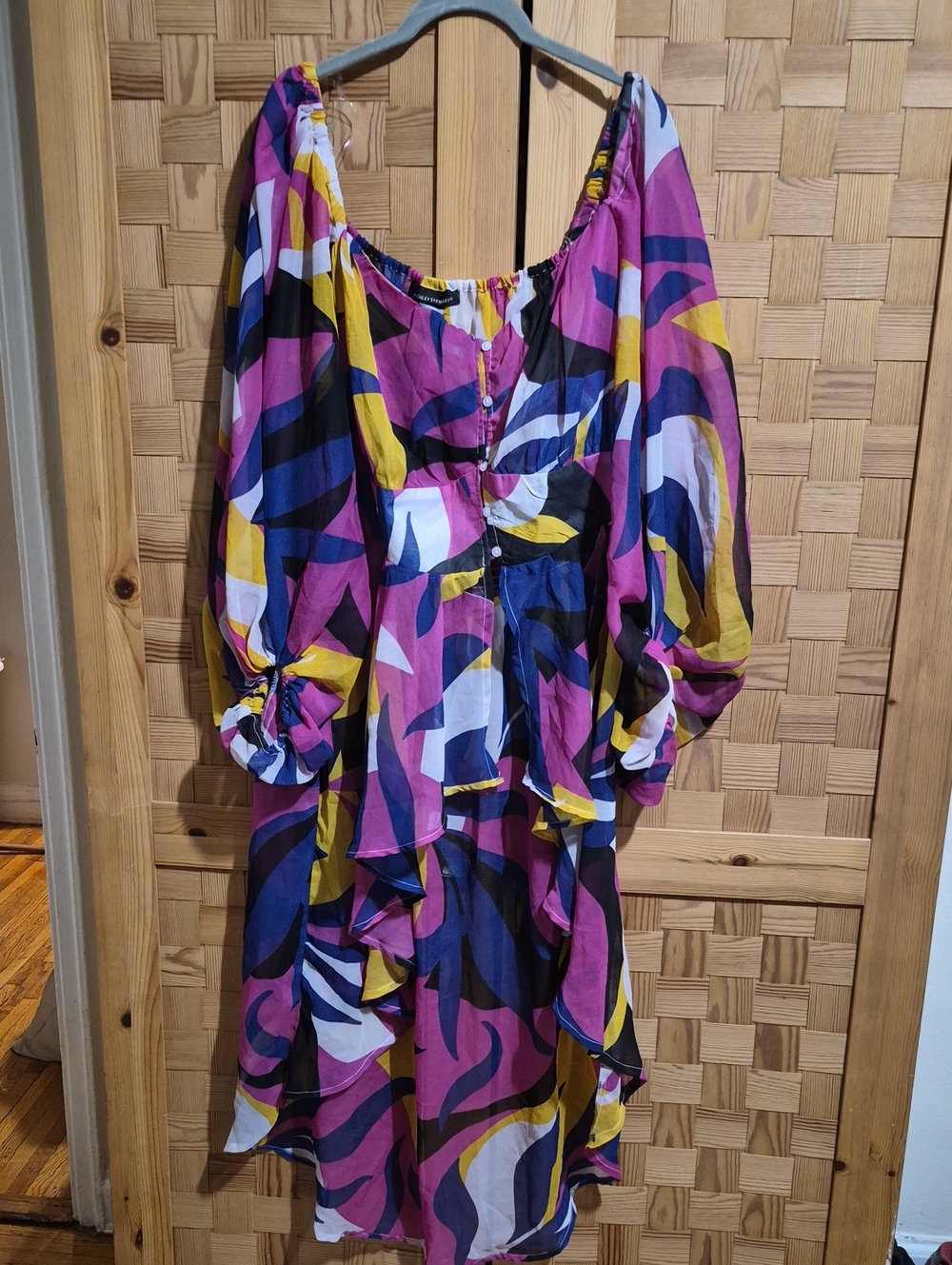 Ashley Stewart Bold Abstract Print Ruffled Camisole Dress in Pink, Yellow & Navy